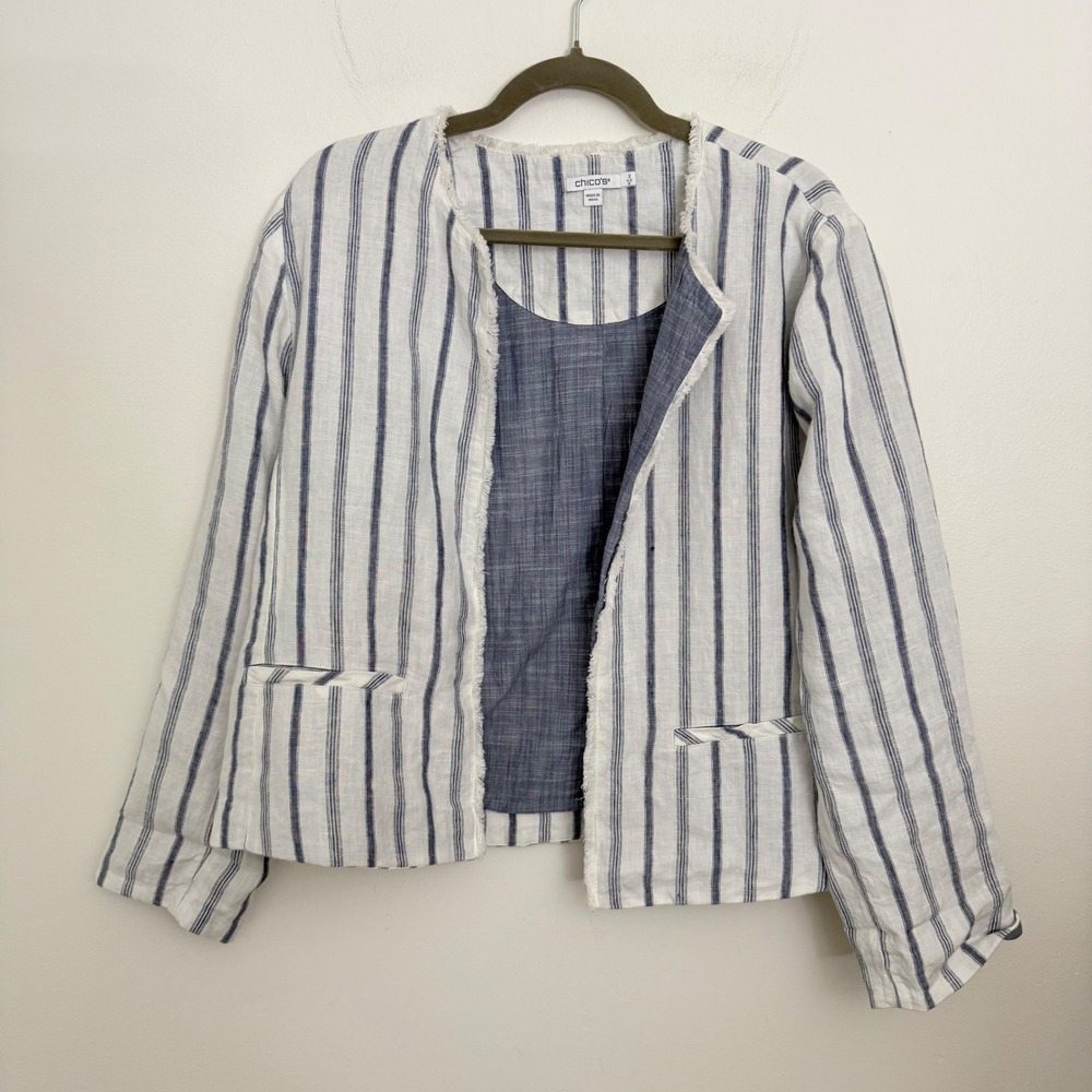 Chicos Blue White Striped Linen Open Front Jacket Frayed Trim Size 2 US 12